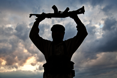 Silhouette of a person holding a rifle against a cloudy sky
