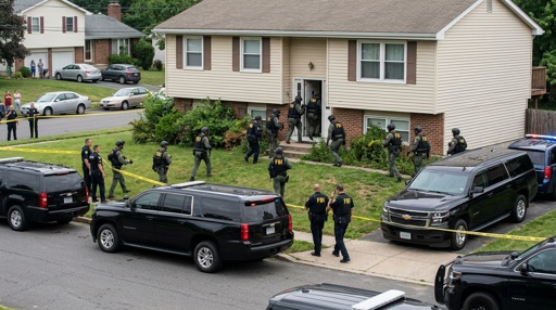 shutterstock_2755604337.jpg Law enforcement officers conducting a raid in a residential neighborhood