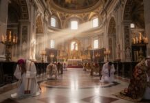 Clergy members praying in a grand cathedral with sunlight streaming through windows