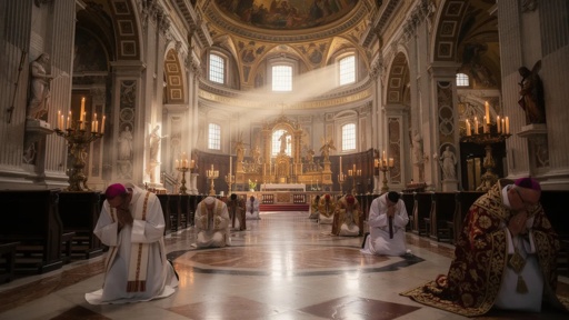 Clergy members praying in a grand cathedral with sunlight streaming through windows