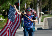 TRUMP BACKS Candidates — A Dangerous Gamble? Person carrying a large American flag during a street demonstration