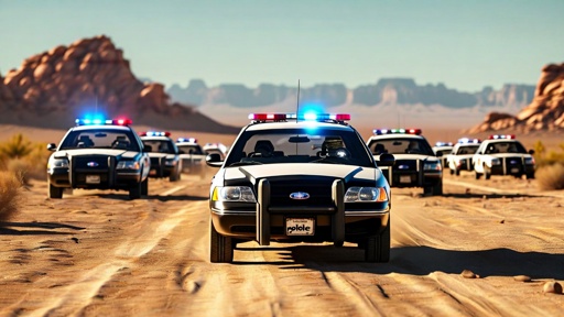 Loads,Of,Police,Cars,In,Desert,Driving,Towards,Viewer,Front A convoy of police cars driving through a desert area with flashing lights