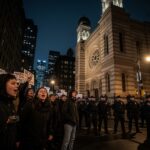 A group of protesters facing police officers in an urban area at night