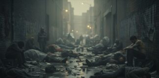 A dimly lit alleyway filled with people lying on the ground amidst trash