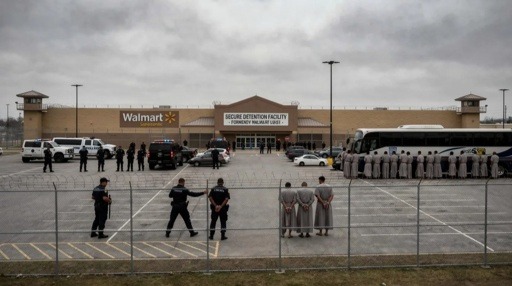 shutterstock_2717861769_edited.jpeg Law enforcement officers and detainees outside a secure detention facility at a Walmart location