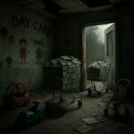 An abandoned daycare room with old toys and dim lighting