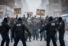 Protesters holding signs against ICE in a snowy urban setting