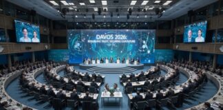 A large conference room filled with international leaders at Davos 2026