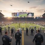 World Cup LOCKDOWN— But For What? Police officers standing in front of a packed football stadium during sunset