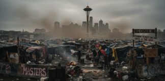 A view of a homeless encampment with the Seattle skyline in the background