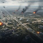 Aerial view of a war-torn city with explosions and smoke