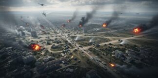 Aerial view of a war-torn city with explosions and smoke
