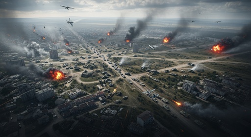 shutterstock_2741088819.jpg Aerial view of a war-torn city with explosions and smoke