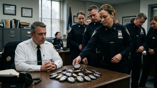 Police officers gathered around a table with badges during a meeting