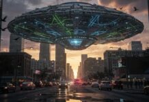 A large UFO hovering above a city street during sunset