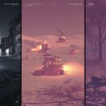 A triptych of military scenes featuring soldiers, helicopters, and an armored vehicle