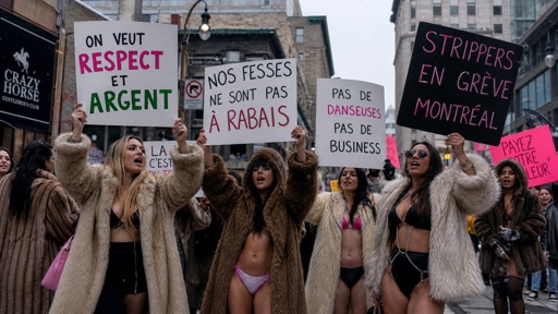 shutterstock_2781230277.jpg Group of women in fur coats holding protest signs in Montreal