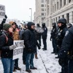 ICE Showdown Explodes at Delaney Hall Protesters holding signs against ICE in a snowy environment