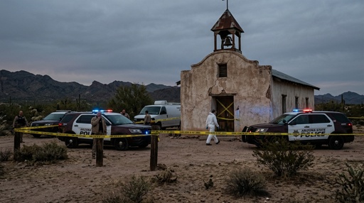 Police vehicles and officers at a crime scene near an abandoned building in a desert area