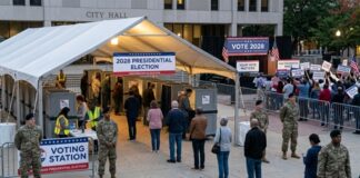 People at a voting station for the 2028 presidential election outside city hall