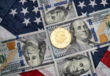 Gold Trump Coin? Norms Shattered American flag background with hundred dollar bills and coin