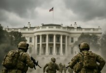Soldiers advancing towards the White House during a military operation