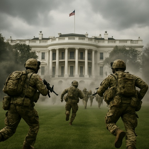shutterstock_2704099655 Soldiers advancing towards the White House during a military operation