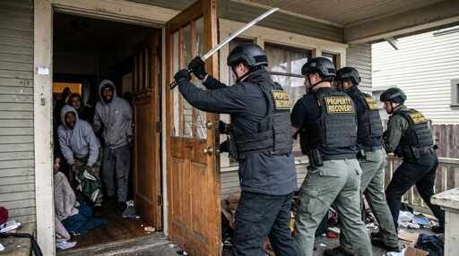 A,Team,Of,Squatter,Removers,Busting,Down,The,Door,Of Law enforcement officers conducting a property recovery raid
