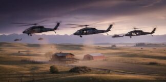 Military helicopters fly low over a rural farm at sunset