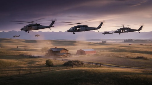 Military helicopters fly low over a rural farm at sunset