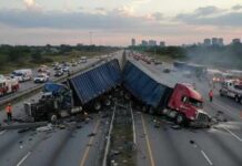 Undocumented Trucker, Three Dead — Tiny Sentence Two overturned trucks blocking a highway with emergency responders at the scene
