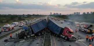 Two overturned trucks blocking a highway with emergency responders at the scene