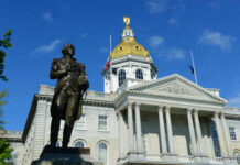 Voter Crackdown Surges — Senate Showdown Looms New Hampshire State House with statue in foreground.